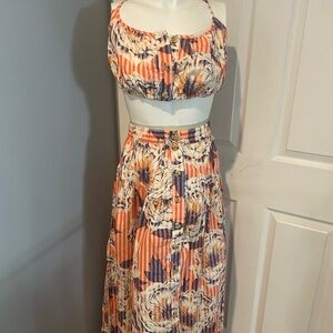 Anthropologie Orange White floral Stripe A-line Maxi Skirt w/matching short top